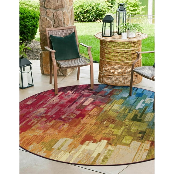 Unique Loom Outdoor Modern Collection Area Rug - Glide (5' 1" Round Multi/Blue)