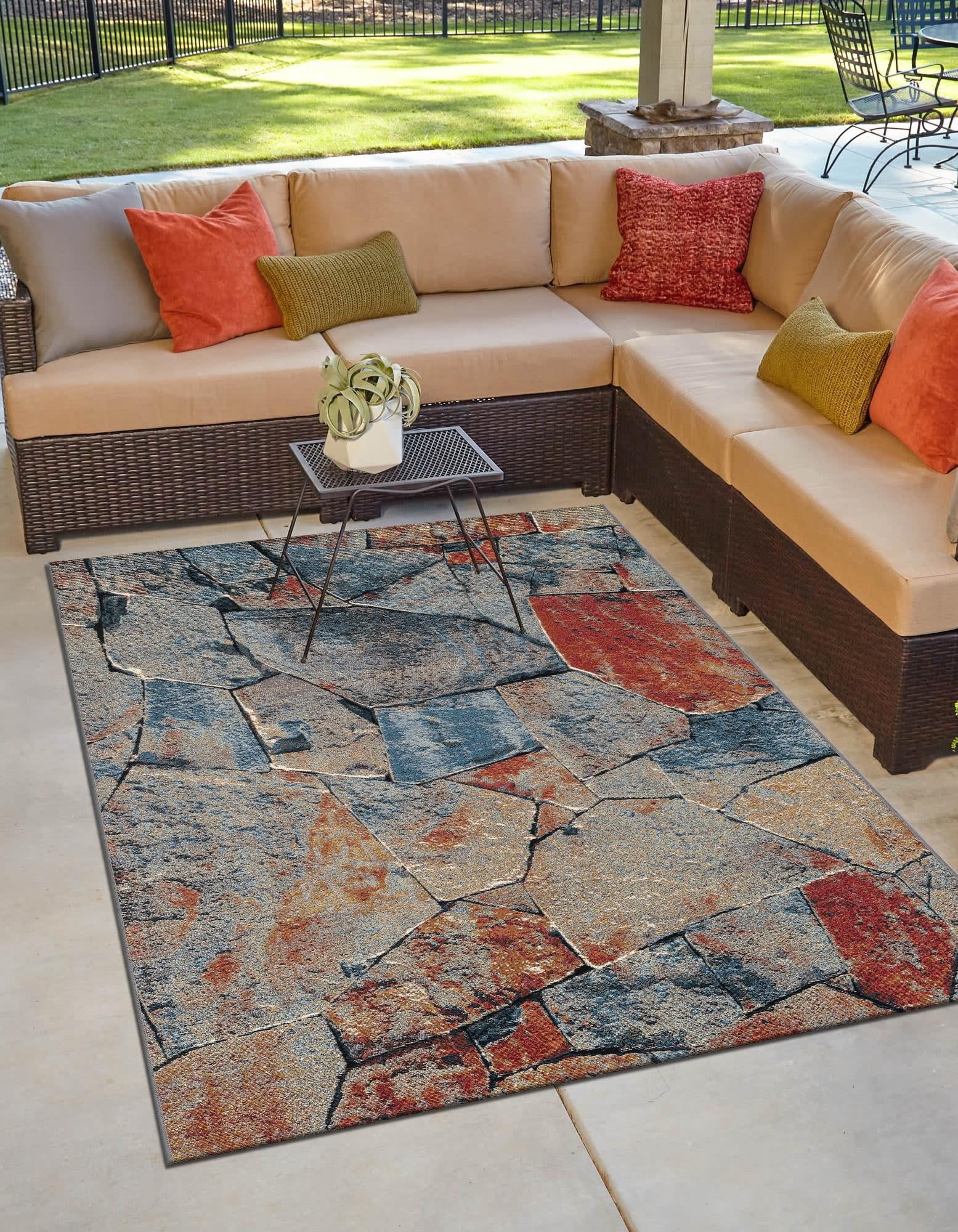 Unique Loom Outdoor Modern Collection Area Rug - Zephyr (5' 1" x 8' Rectangle Multi/Brown)