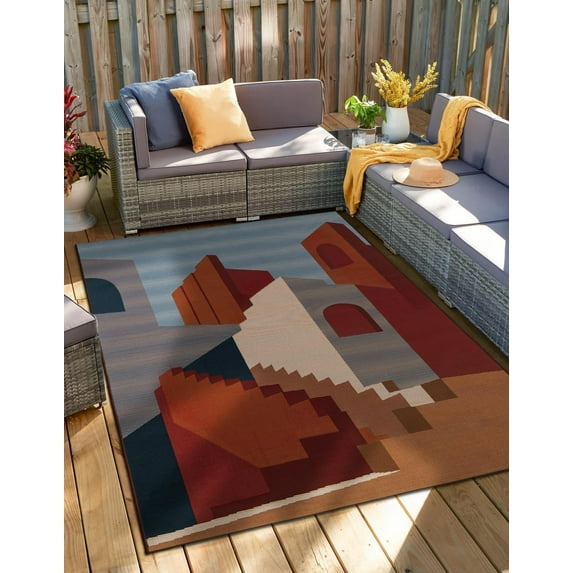Unique Loom Outdoor Modern Collection Area Rug - Flux (5' 1" x 8' Rectangle Multi/Burgundy)