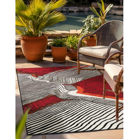 Unique Loom Outdoor Modern Collection Area Rug - Echo (5' 1" x 8' Rectangle Red and Black/Orange)