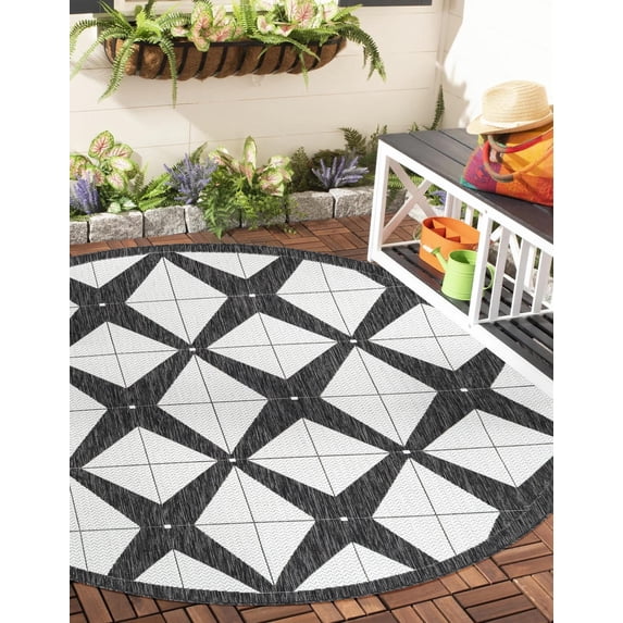 Unique Loom Outdoor Modern Collection Area Rug (6' 1" Round Black and White)