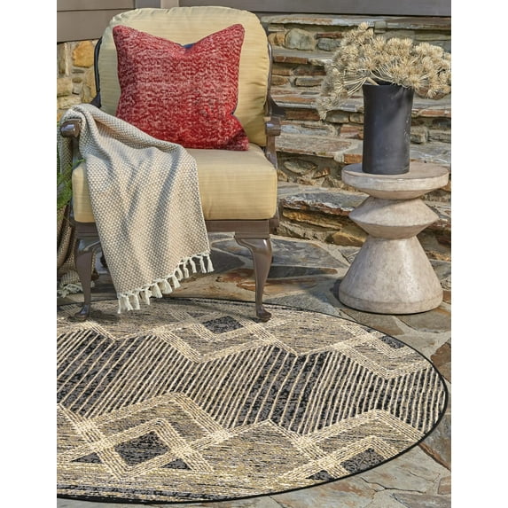 Unique Loom Outdoor Modern Collection Area Rug - Aero (7' 10" Round Charcoal/Yellow)