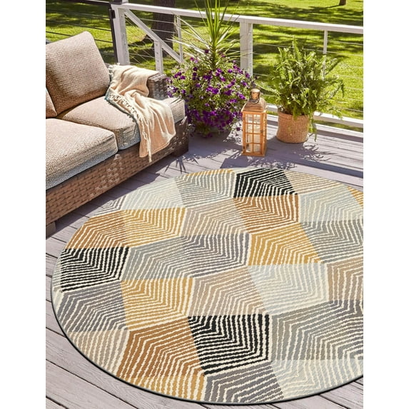 Unique Loom Outdoor Modern Collection Area Rug - Strata (7' 10" Round Gray/Ivory)