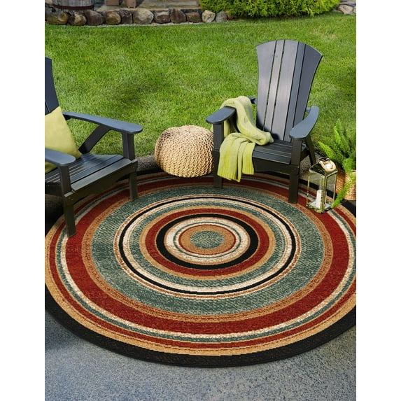 Unique Loom Outdoor Modern Collection Area Rug - Drift (7' 10" Round Multi/Black)