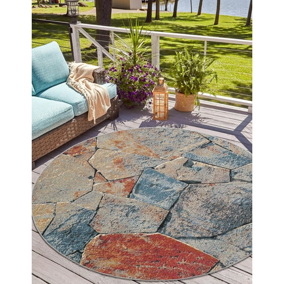 Unique Loom Outdoor Modern Collection Area Rug - Zephyr (7' 10" Round Multi/Brown)