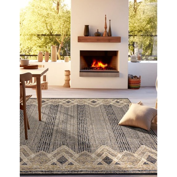 Unique Loom Outdoor Modern Collection Area Rug - Aero (7' 10" Square Charcoal/Yellow)