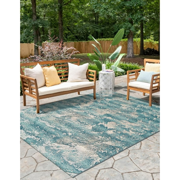 Unique Loom Outdoor Modern Collection Area Rug - Strive (7' 10" x 10' Rectangle Aqua Blue/Yellow)