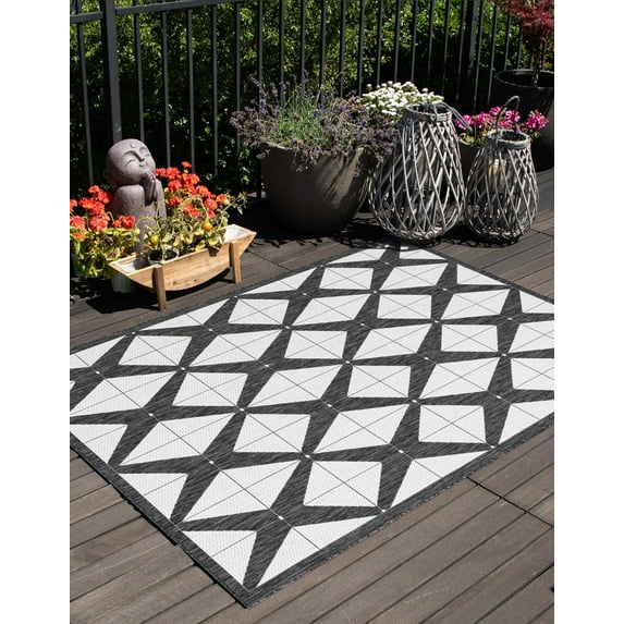 Unique Loom Outdoor Modern Collection Area Rug (9' x 12' Rectangle Black and White)