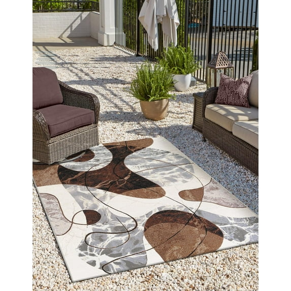 Unique Loom Outdoor Modern Collection Area Rug - Vanta (9' x 12' Rectangle Brown and White/Ivory)