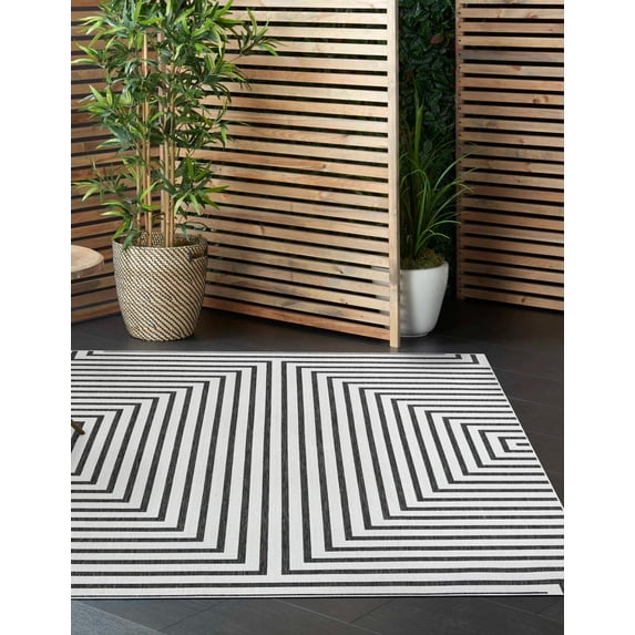 Unique Loom Outdoor Modern Collection Area Rug - Achromatic (10' Square White and Black)