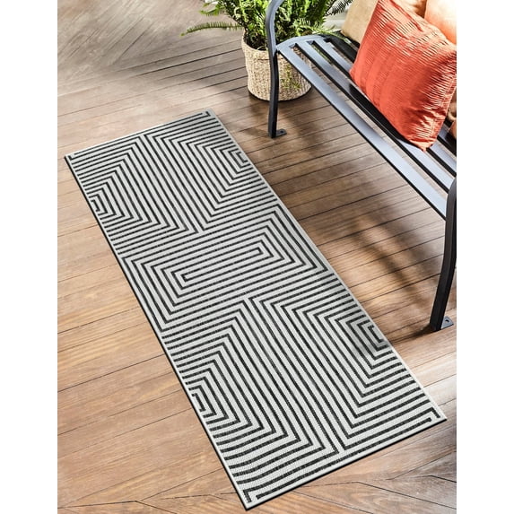 Unique Loom Outdoor Modern Collection Area Rug - Achromatic (2' x 6' 1" Runner White and Black)