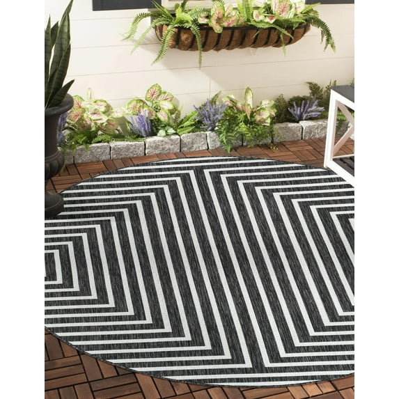 Unique Loom Outdoor Modern Collection Area Rug - Achromatic (4' 1" Round Black and White)