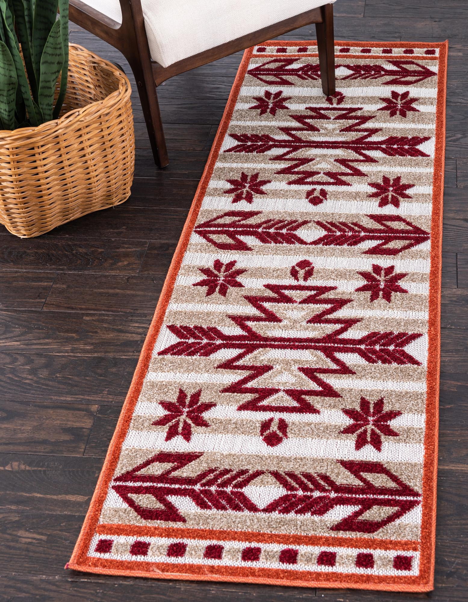Burgundy Geometric Easy-Care Outdoor Synthetic Runner Rug