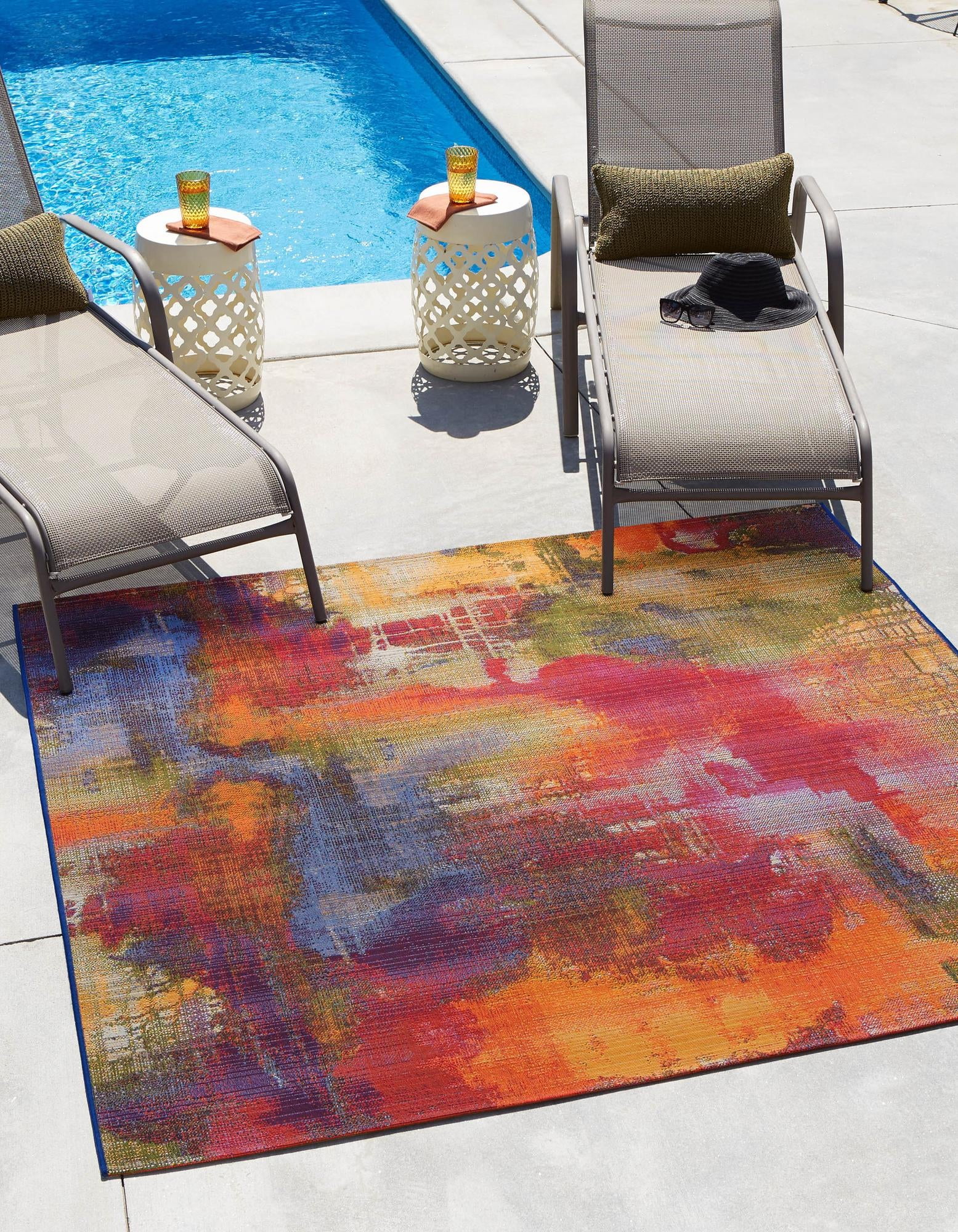 Vibrant Abstract Multi-Color 6' Square Outdoor Synthetic Rug