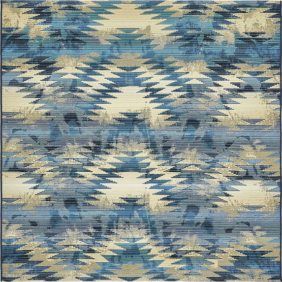 Unique Loom Outdoor Modern Collection Area Rug - Aztec (6' 1" Square Blue/Ivory)