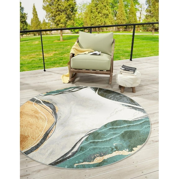 Unique Loom Outdoor Modern Collection Area Rug - Boho (5' 3" Round Multi/Black)