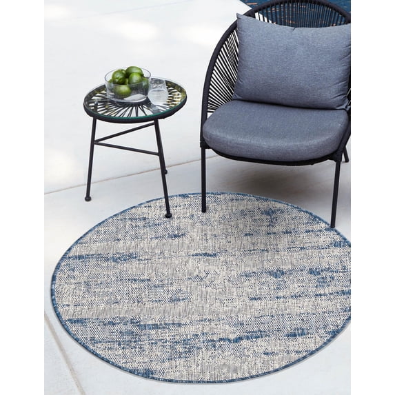 Unique Loom Outdoor Modern Collection Area Rug - Cartago (10' Round Blue/Ivory)