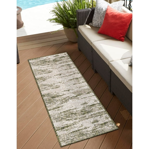 Unique Loom Outdoor Modern Collection Area Rug - Cartago (2' x 6' Runner Green/Ivory)