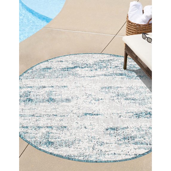 Unique Loom Outdoor Modern Collection Area Rug - Cartago (3' Round Teal/Ivory)