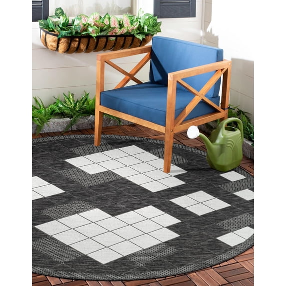 Unique Loom Outdoor Modern Collection Area Rug - Chaya (10' Round Black and White)