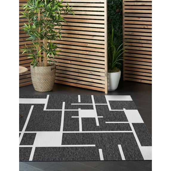 Unique Loom Outdoor Modern Collection Area Rug - Checker (10' Square Black and White)