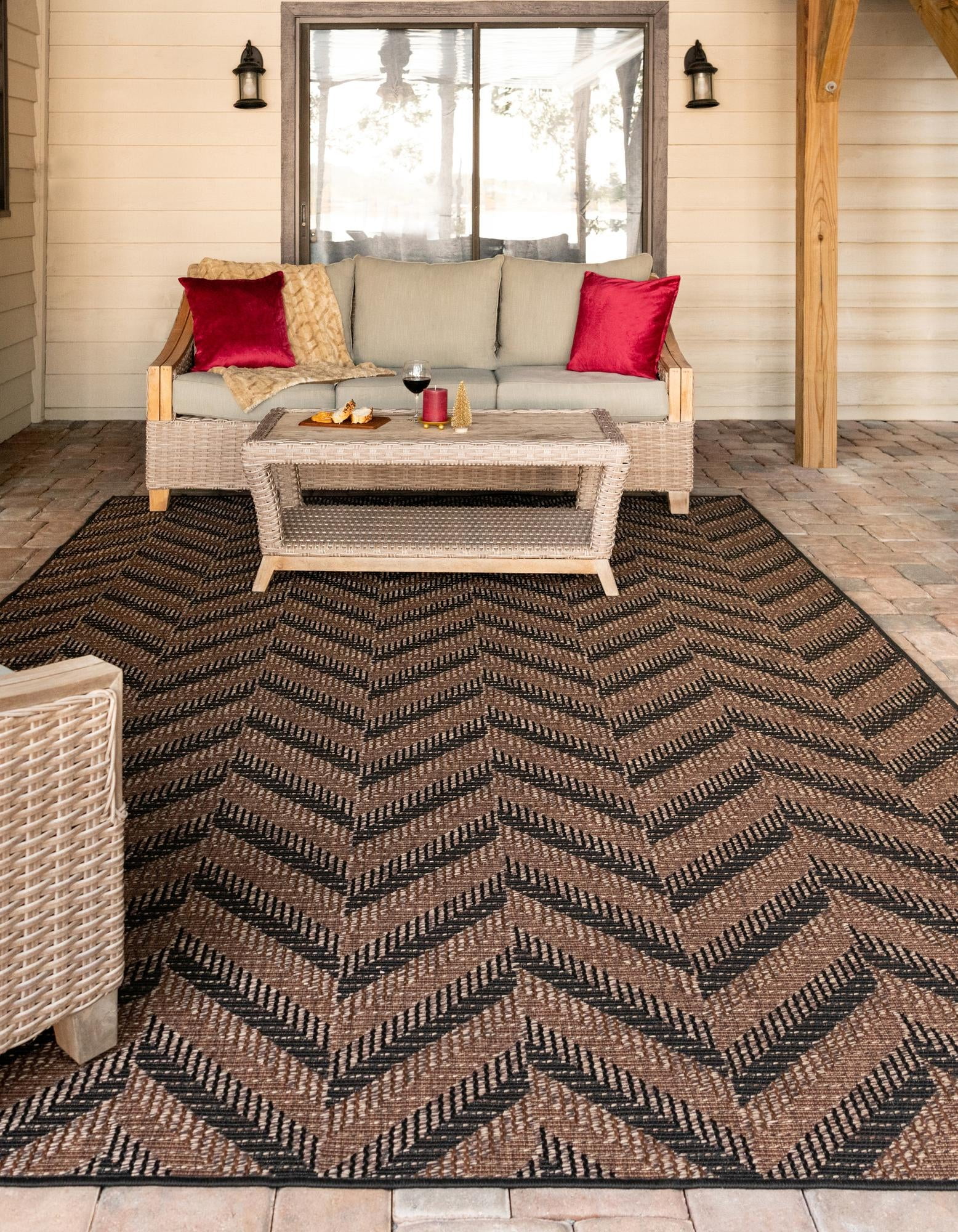 Chevron Pattern Black and Brown Synthetic Outdoor Area Rug