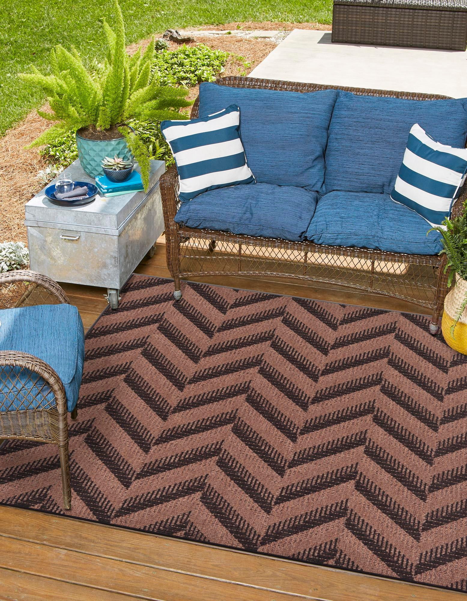 Easy-Care Abstract Chevron 6' Square Outdoor Rug in Brown