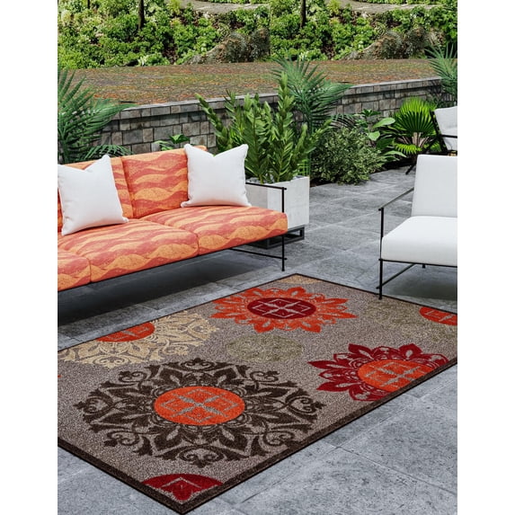 Unique Loom Outdoor Modern Collection Area Rug - Chicago (6' 1" x 9' Rectangle Brown/Orange)