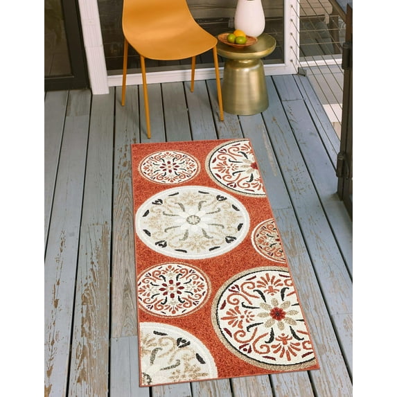 Unique Loom Outdoor Modern Collection Area Rug - Circles (2' x 6' 1" Runner Terracotta/Burgundy)