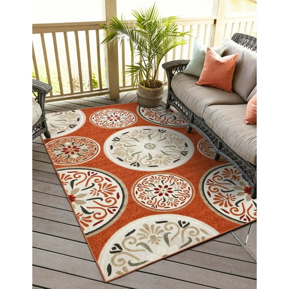 Unique Loom Outdoor Modern Collection Area Rug - Circles (7' 1" x 10' Rectangle Terracotta/Burgundy)
