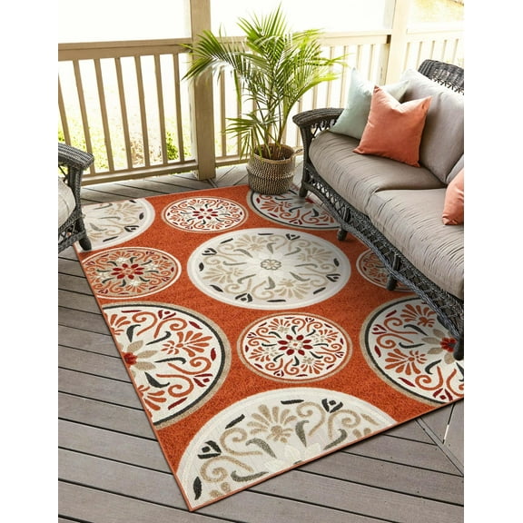 Unique Loom Outdoor Modern Collection Area Rug - Circles (8' x 10' Rectangle Terracotta/Burgundy)