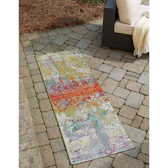 Unique Loom Outdoor Modern Collection Area Rug - Crumpled (2' 7" x 12' Runner Multi/Gold)