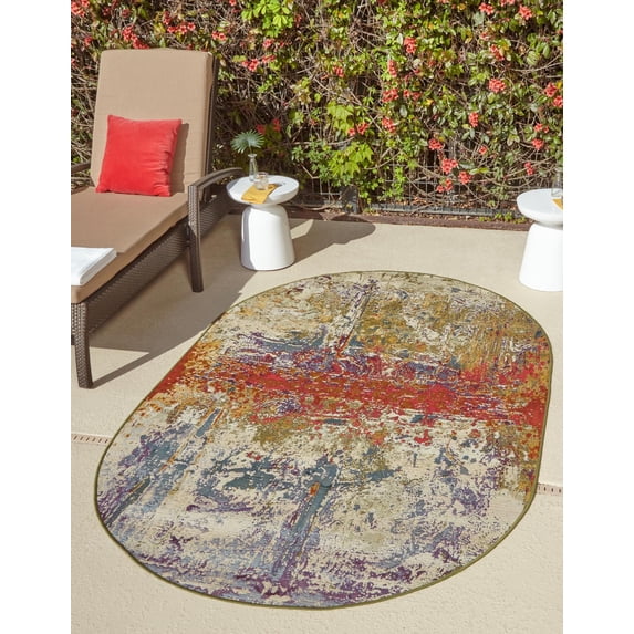 Unique Loom Outdoor Modern Collection Area Rug - Crumpled (4' 1" x 6' 1" Oval Multi/Gold)