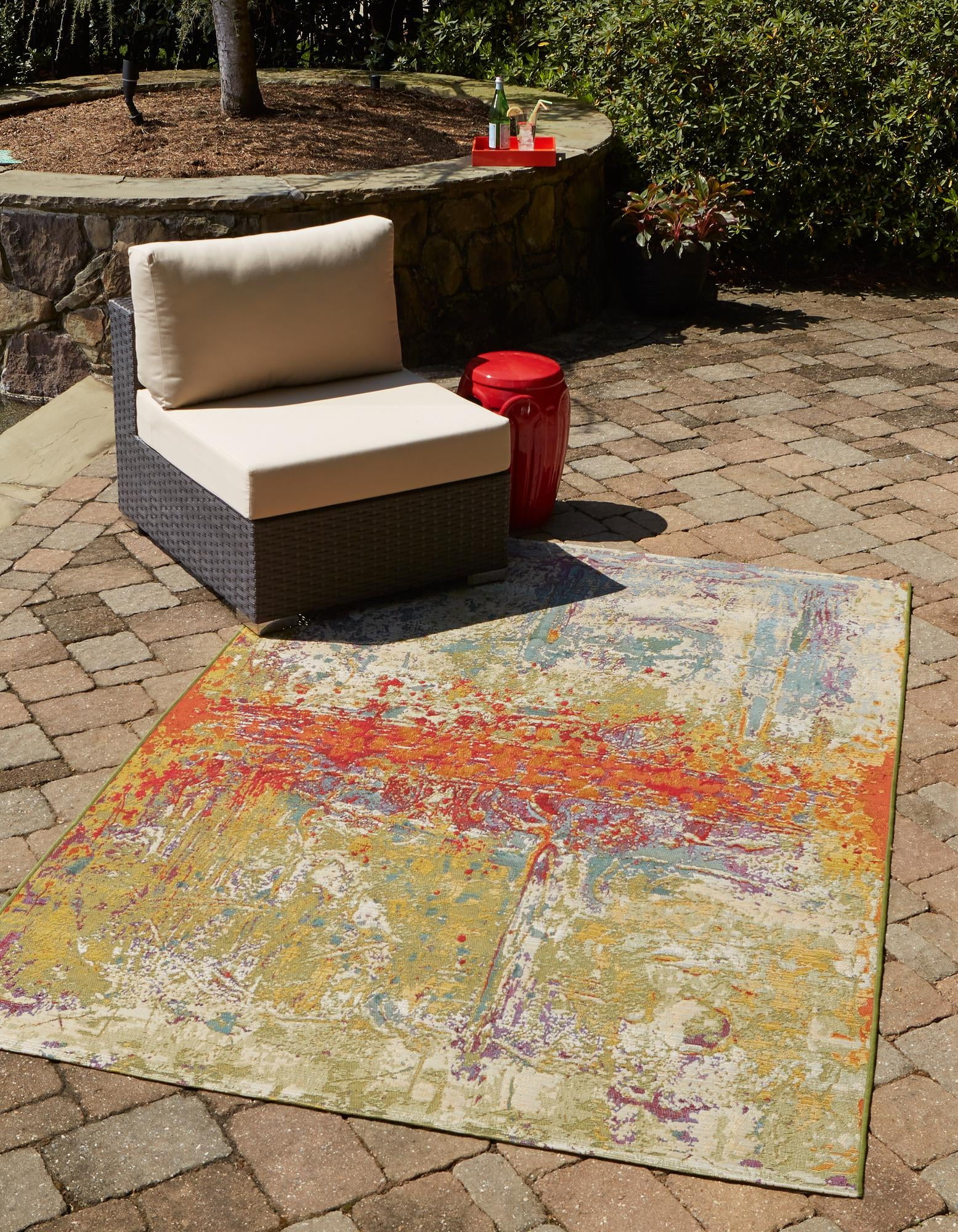 Unique Loom Outdoor Modern Area Rug - Cubed Pattern, 5'3" X 8', Multi/Blue, Polypropylene, Stain Resistant