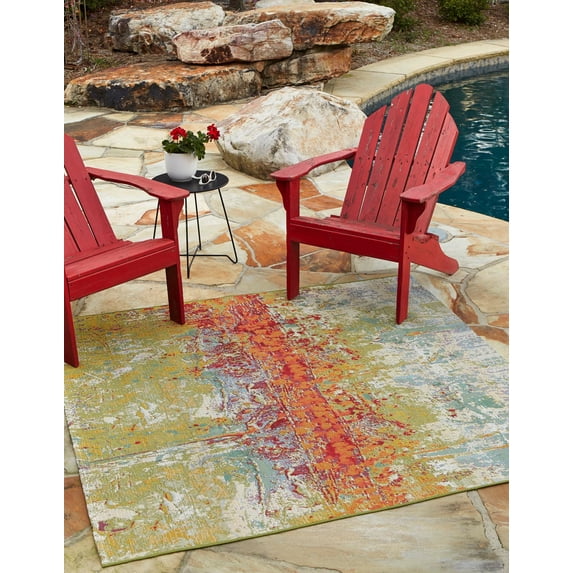 Unique Loom Outdoor Modern Collection Area Rug - Crumpled (5' Square Multi/Gold)