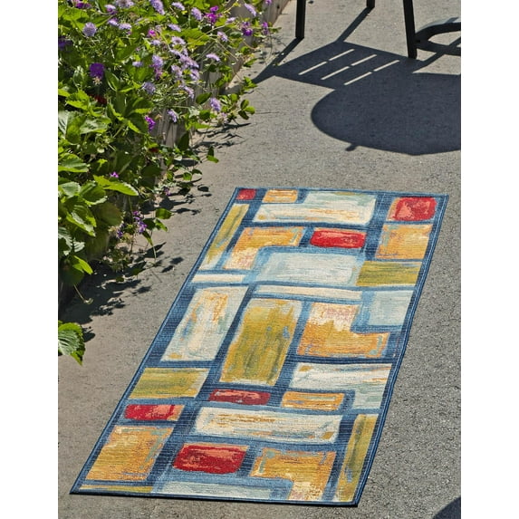 Unique Loom Outdoor Modern Collection Area Rug - Cubed (2' x 3' 11" Runner Multi/Blue)