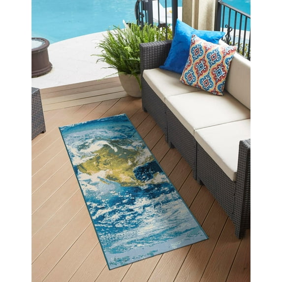 Unique Loom Outdoor Modern Collection Area Rug - Earth (2' x 5' 1" Runner Blue/Green)