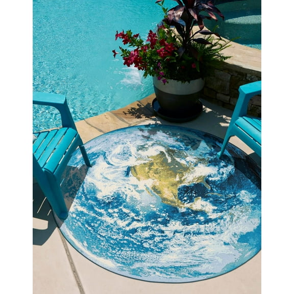 Unique Loom Outdoor Modern Collection Area Rug - Earth (5' 3" Round Blue/Green)