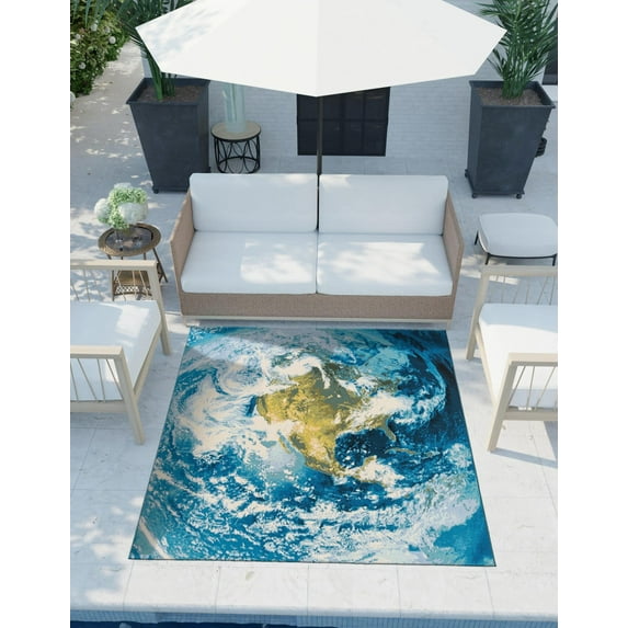 Unique Loom Outdoor Modern Collection Area Rug - Earth (7' 10" Square Blue/Green)