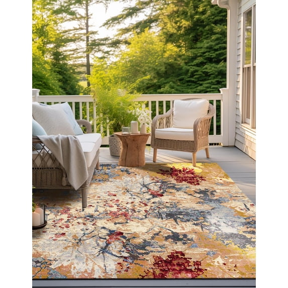 Unique Loom Outdoor Modern Collection Area Rug - Foliage (10' Square Multi/Gray)