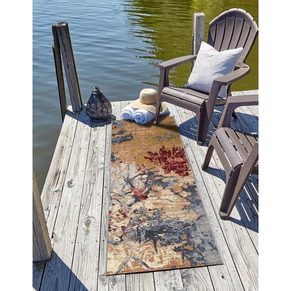 Unique Loom Outdoor Modern Collection Area Rug - Foliage (2' x 6' 1" Runner Multi/Gray)