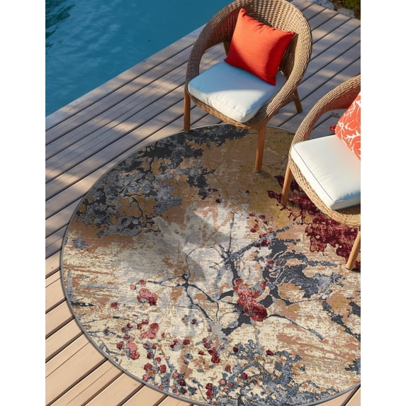 Unique Loom Outdoor Modern Collection Area Rug - Foliage (5' 3" Round Multi/Gray)