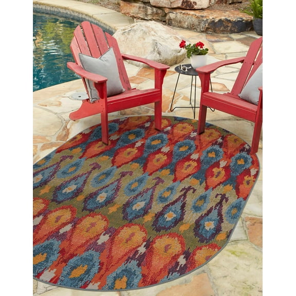 Unique Loom Outdoor Modern Collection Area Rug - Ikat (2' 2" x 3' 1" Oval Multi/Burgundy)