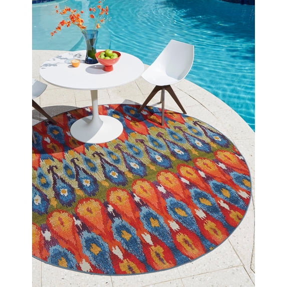 Unique Loom Outdoor Modern Collection Area Rug - Ikat (5' 1" Round Multi/Burgundy)