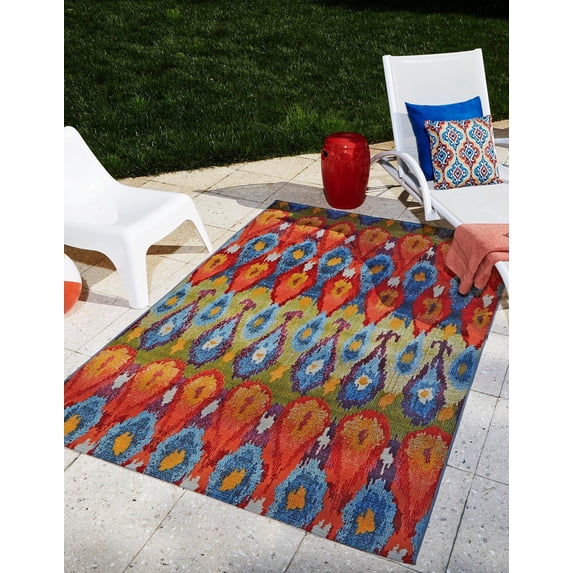 Unique Loom Outdoor Modern Collection Area Rug - Ikat (5' 3" x 8' Rectangle Multi/Burgundy)