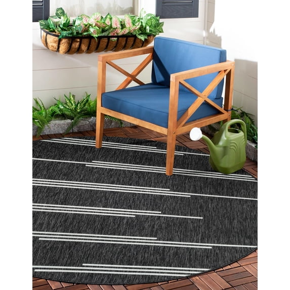 Unique Loom Outdoor Modern Collection Area Rug - Miranda (6' 1" Round Black and White)