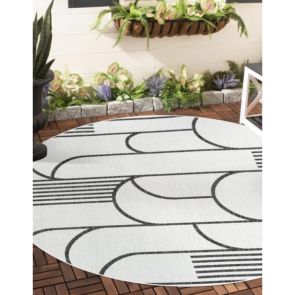 Unique Loom Outdoor Modern Collection Area Rug - Mod (12' Round White and Black)