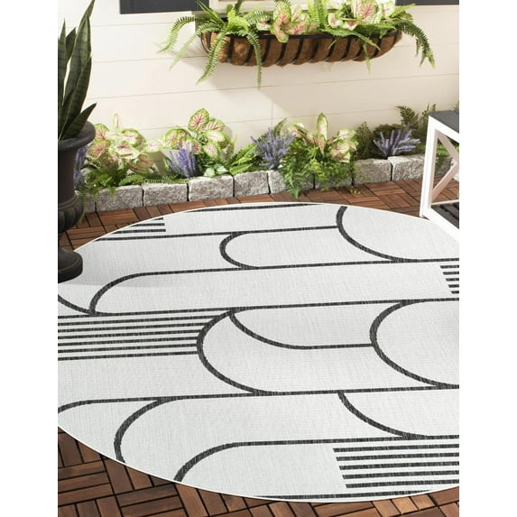 Unique Loom Outdoor Modern Collection Area Rug - Mod (12' Round White and Black)
