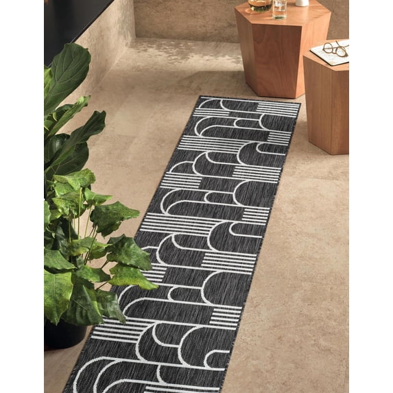 Unique Loom Outdoor Modern Collection Area Rug - Mod (2' x 6' 1" Runner Black and White)