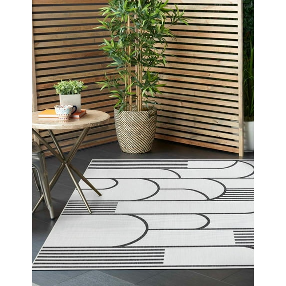 Unique Loom Outdoor Modern Collection Area Rug - Mod (7' 10" Square White and Black)